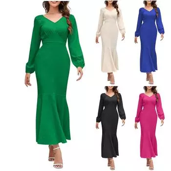 Женское модное однотонное платье с v-образным вырезом и длинным рукавом, рыбий хвост, длинное платье L чёрный