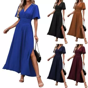 Женское модное однотонное платье с V-образным вырезом, элегантное, с короткими рукавами, завязывающееся на талии, с высоким разрезом, длинное платье M синий