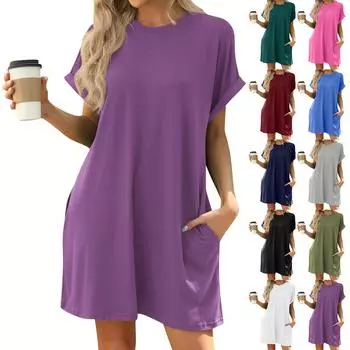 Женское модное однотонное платье свободного кроя с круглым вырезом и короткими рукавами L армия зеленый