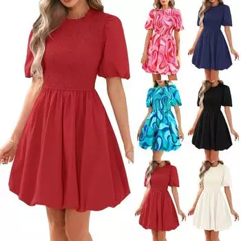 Женское модное однотонное платье-трапеция с круглым вырезом и короткими рукавами в стиле бохо с плиссировкой L