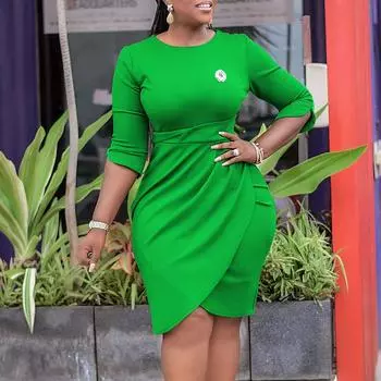 Женское модное однотонное плиссированное платье большого размера, элегантное цельное платье со средними рукавами и круглым воротником с брошью S сапфир синий