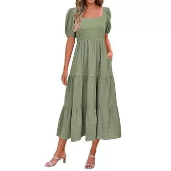 Женское модное однотонное плиссированное платье с короткими рукавами и карманами с квадратным вырезом и рукавами-пузырьками сзади S армия зеленый