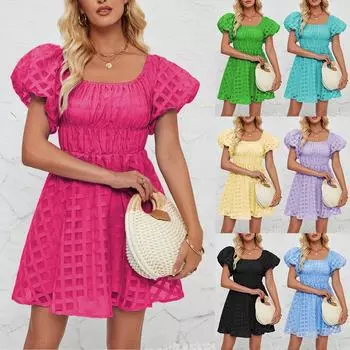 Женское модное однотонное плиссированное платье с высокой талией и короткими рукавами с открытыми плечами L чёрный