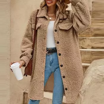 Женское модное однотонное плюшевое пальто с длинными рукавами и открытыми пуговицами и лацканами, свободное темпераментное длинное пальто L хаки