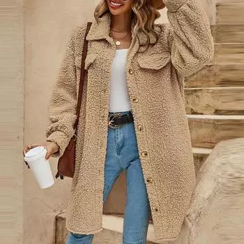 Женское модное однотонное плюшевое пальто с длинными рукавами и открытыми пуговицами и лацканами, свободное темпераментное длинное пальто S хаки