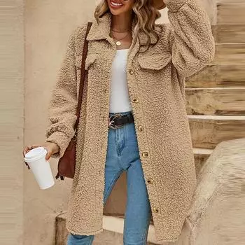 Женское модное однотонное плюшевое пальто с длинными рукавами и открытыми пуговицами и лацканами, свободное темпераментное длинное пальто S хаки