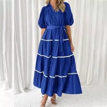 Женское модное однотонное полосатое платье с объемными рукавами L синий