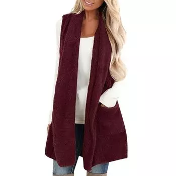 Женское модное однотонное повседневное пальто из плюшевого жилета с карманами S винный