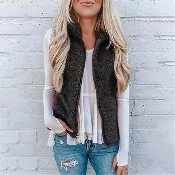 Женское модное однотонное повседневное пальто из плюша с жилетом на молнии L чёрный