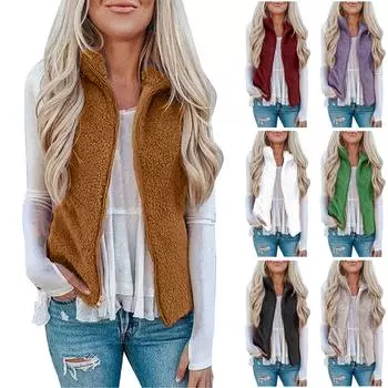 Женское модное однотонное повседневное пальто из плюша с жилетом на молнии L чёрный