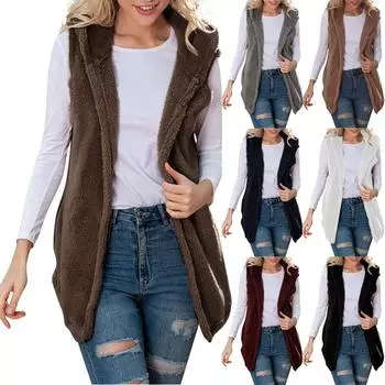 Женское модное однотонное повседневное пальто из плюша с капюшоном и карманами M кофейный