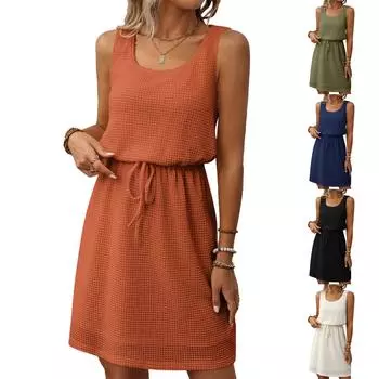 Женское модное однотонное повседневное платье без рукавов с U-образным вырезом и завязками XXL бежевый