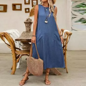 Женское модное однотонное повседневное платье с круглым вырезом и завязками на шнурке без рукавов и карманом L синий