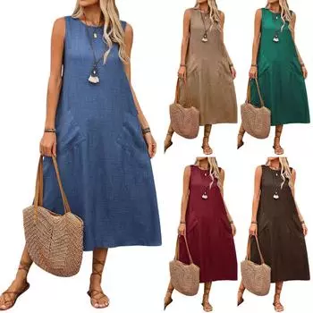 Женское модное однотонное повседневное платье с круглым вырезом и завязками на шнурке без рукавов и карманом XL синий