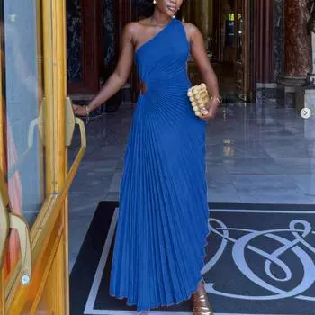 Женское модное однотонное повседневное сексуальное темпераментное платье с одним плечом, покатым воротником, плиссированное, с вырезом, длинное платье L синий