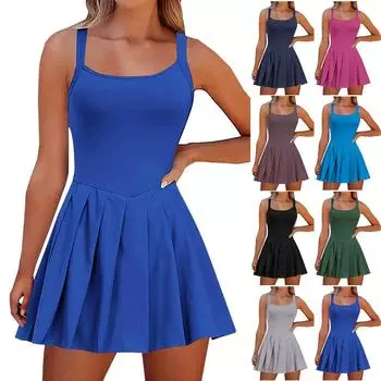 Женское модное однотонное повседневное спортивное платье без рукавов с короткими ремнями