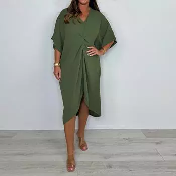 Женское модное однотонное повседневное свободное платье с рукавами реглан и нерегулярным переплетением L армия зеленый