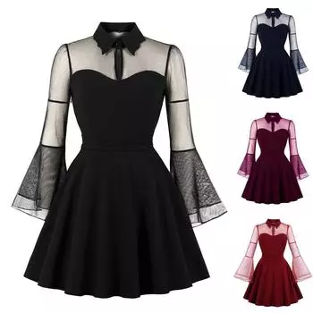 Женское модное однотонное сетчатое платье-труба с длинными рукавами в стиле ретро S тёмно-синий