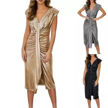 Женское модное однотонное сексуальное облегающее талию темпераментное плиссированное вечернее платье L чёрный