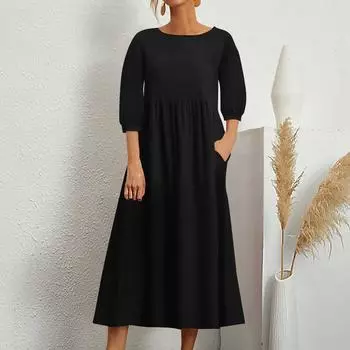 Женское модное однотонное свободное хлопково-льняное длинное платье с карманами и средними рукавами L чёрный