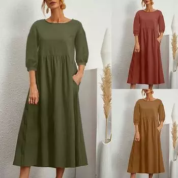 Женское модное однотонное свободное хлопково-льняное длинное платье с карманами и средними рукавами