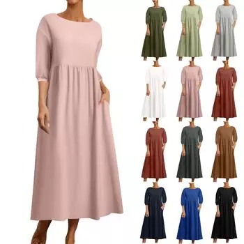 Женское модное однотонное свободное хлопково-льняное длинное платье с карманами и средними рукавами