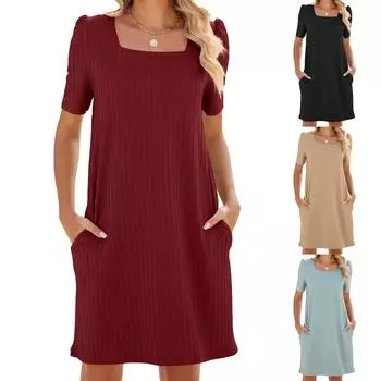 Женское модное однотонное свободное карманное платье с квадратным вырезом и короткими рукавами L чёрный