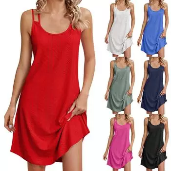 Женское модное однотонное свободное платье без рукавов с круглым вырезом и бретельками XXXL чёрный