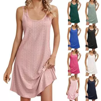 Женское модное однотонное свободное платье без рукавов с круглым вырезом и бретельками L синий