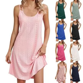 Женское модное однотонное свободное платье без рукавов с круглым вырезом и бретельками M розовый