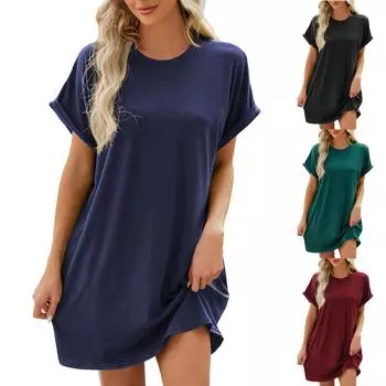 Женское модное однотонное свободное платье с круглым вырезом и карманами с короткими рукавами L чёрный