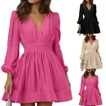 Женское модное однотонное свободное платье с V-образным вырезом Модное платье M чёрный