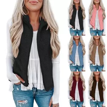 Женское модное однотонное свободное плюшевое пальто без рукавов на молнии L чёрный