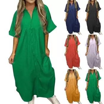 Женское модное однотонное свободное повседневное платье с v-образным вырезом и короткими рукавами L чёрный