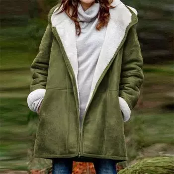 Женское модное однотонное теплое пальто с длинными рукавами, свободная плюшевая куртка с капюшоном на молнии L армия зеленый