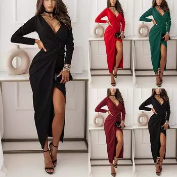 Женское модное однотонное вечернее платье с v-образным вырезом и длинными рукавами L чёрный