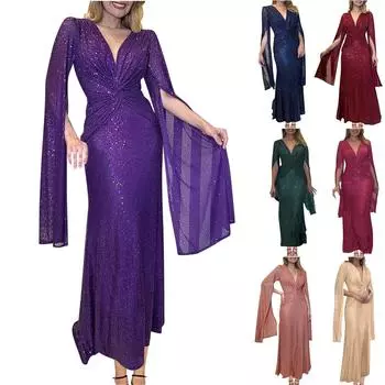 Женское модное однотонное вечернее платье с V-образным вырезом и пайетками, длинное вечернее платье L