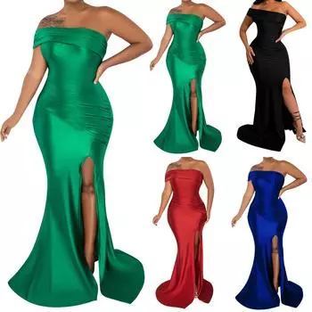 Женское модное однотонное вечернее платье с разрезом на одно плечо и разрезом на шее M чёрный