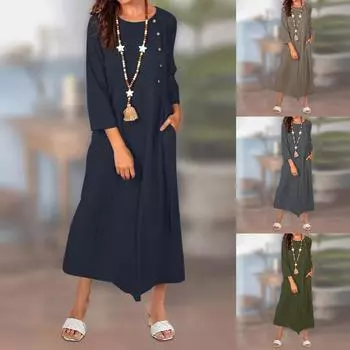 Женское модное однотонное винтажное хлопково-льняное длинное платье с круглым вырезом и карманами на пуговицах и длинными рукавами L