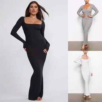 Женское модное однотонное вязаное платье с квадратным воротником и длинными рукавами, сексуальное тонкое платье XL белый