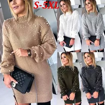 Женское модное осенне-зимнее теплое вязаное платье-свитер с круглым вырезом и пышными рукавами L армия зеленый