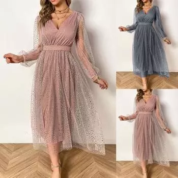 Женское модное осеннее и зимнее платье, сексуальное сетчатое платье с v-образным вырезом и высокой талией L розовый