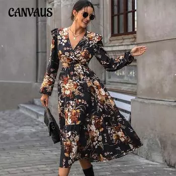 Женское модное осеннее платье средней длины с принтом и средней талией S чёрный