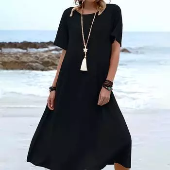 Женское модное отпускное однотонное повседневное платье свободного кроя с круглым вырезом и короткими рукавами L чёрный