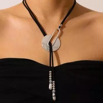 Женское модное ожерелье, винтажный этнический стиль, черная вощеная веревка, геометрическая круглая подвеска, всесезонная одежда, для повседневного и праздничного использования чёрный