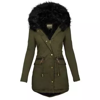 Женское модное пальто с хлопковой подкладкой Пальто из овечьей шерсти с хлопковой подкладкой и флисовым капюшоном L армия зеленый