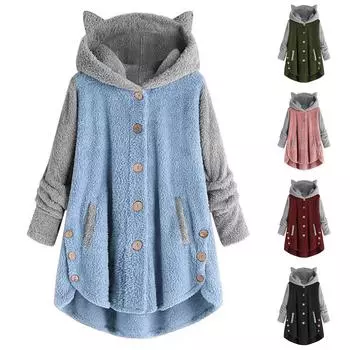 Женское модное пальто с капюшоном и кошачьими ушками на пуговицах, плюшевое пальто с карманами нестандартного цвета L чёрный