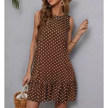 Женское модное платье без рукавов с принтом, с круглым вырезом, повседневное M кофейный
