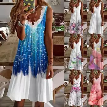 Женское модное платье без рукавов с V-образным вырезом и принтом, повседневное платье, летнее платье XL фиолетовый