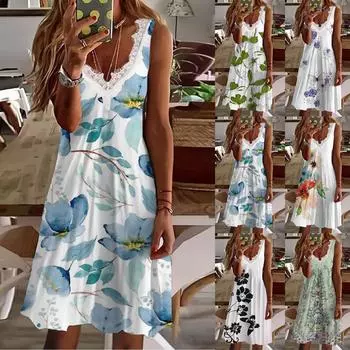 Женское модное платье без рукавов с V-образным вырезом и принтом, повседневное платье, летнее платье M зелёный